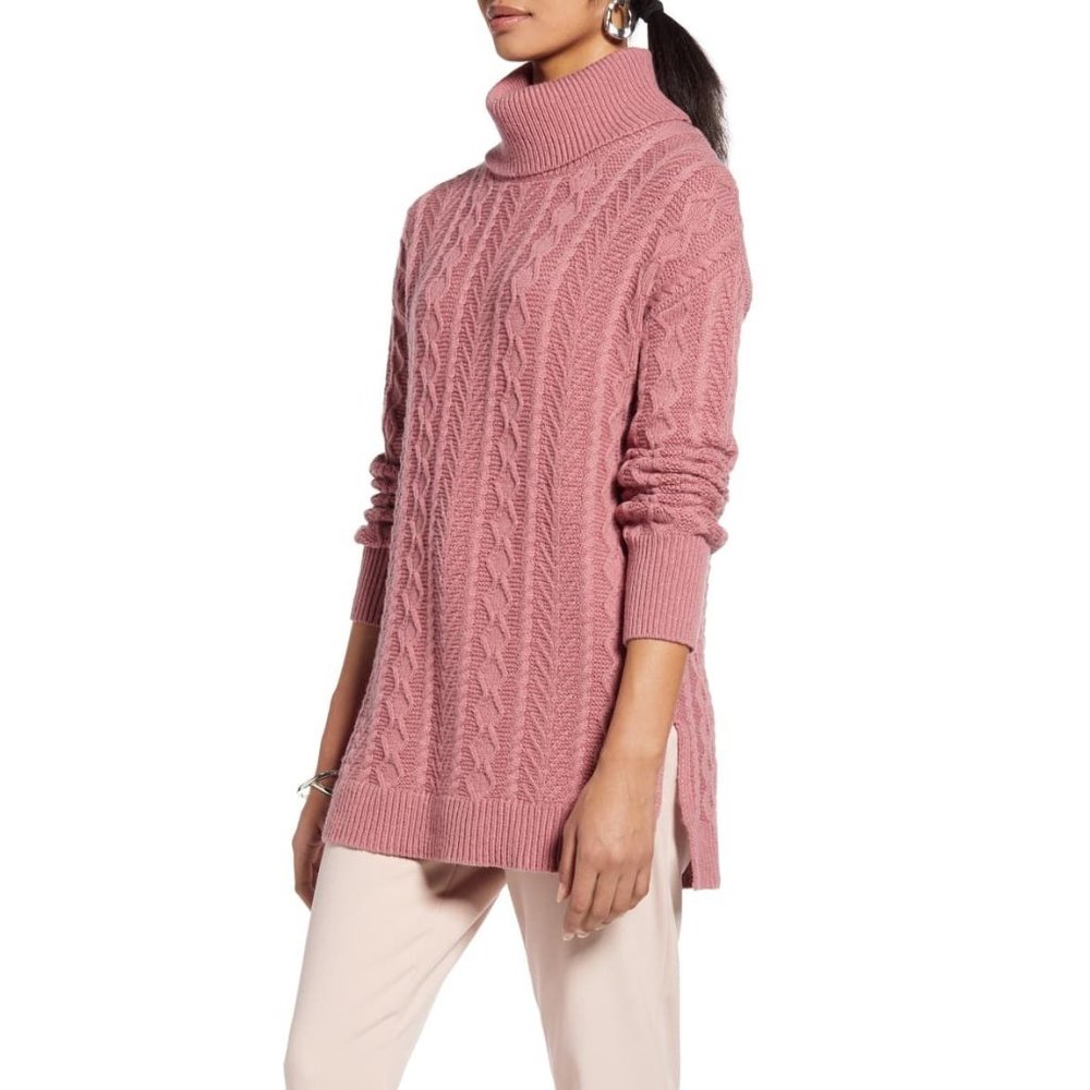 Halogen Pink Cable Knit Turtleneck Sweater